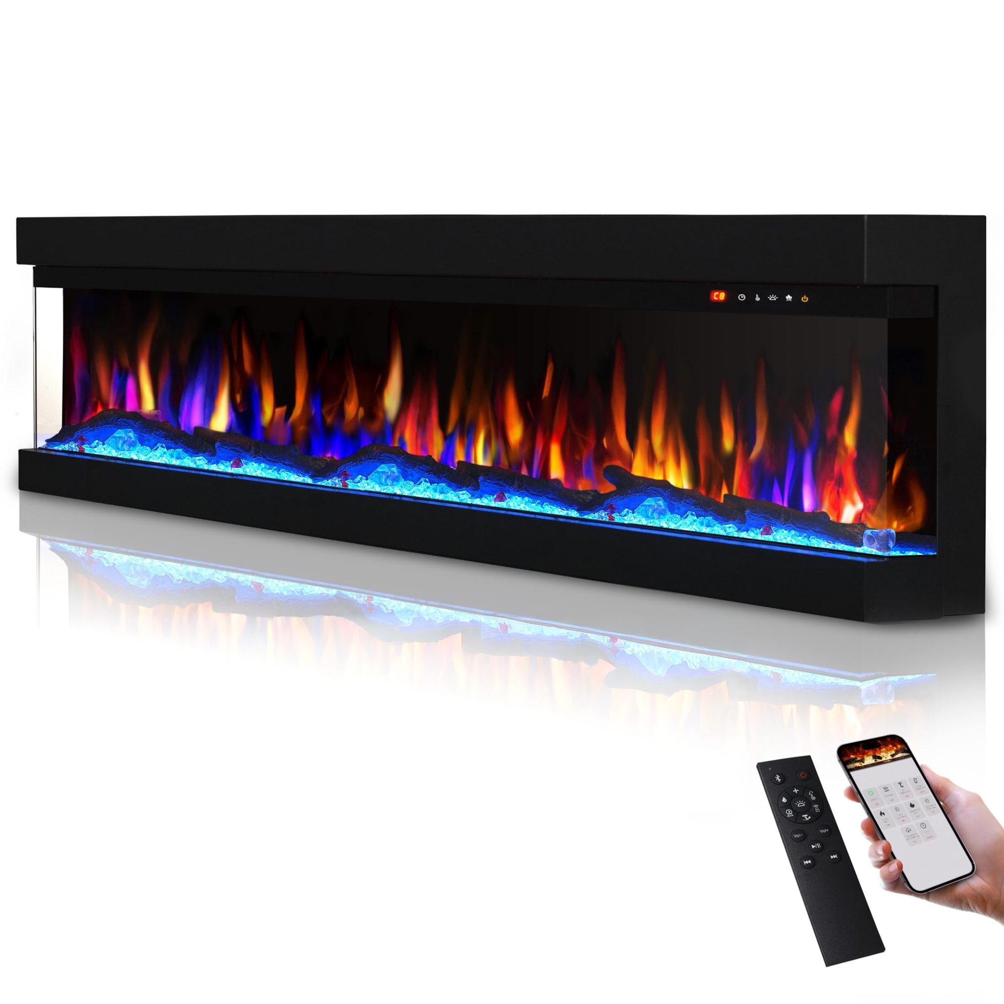 EdenDirect 3-Sided Glass Electric Fireplace — 36in., 13-Color Flames, Heater, DIY Crystal & Log Set, Smart App & Remote Control, Model# NTEBL-3M-36